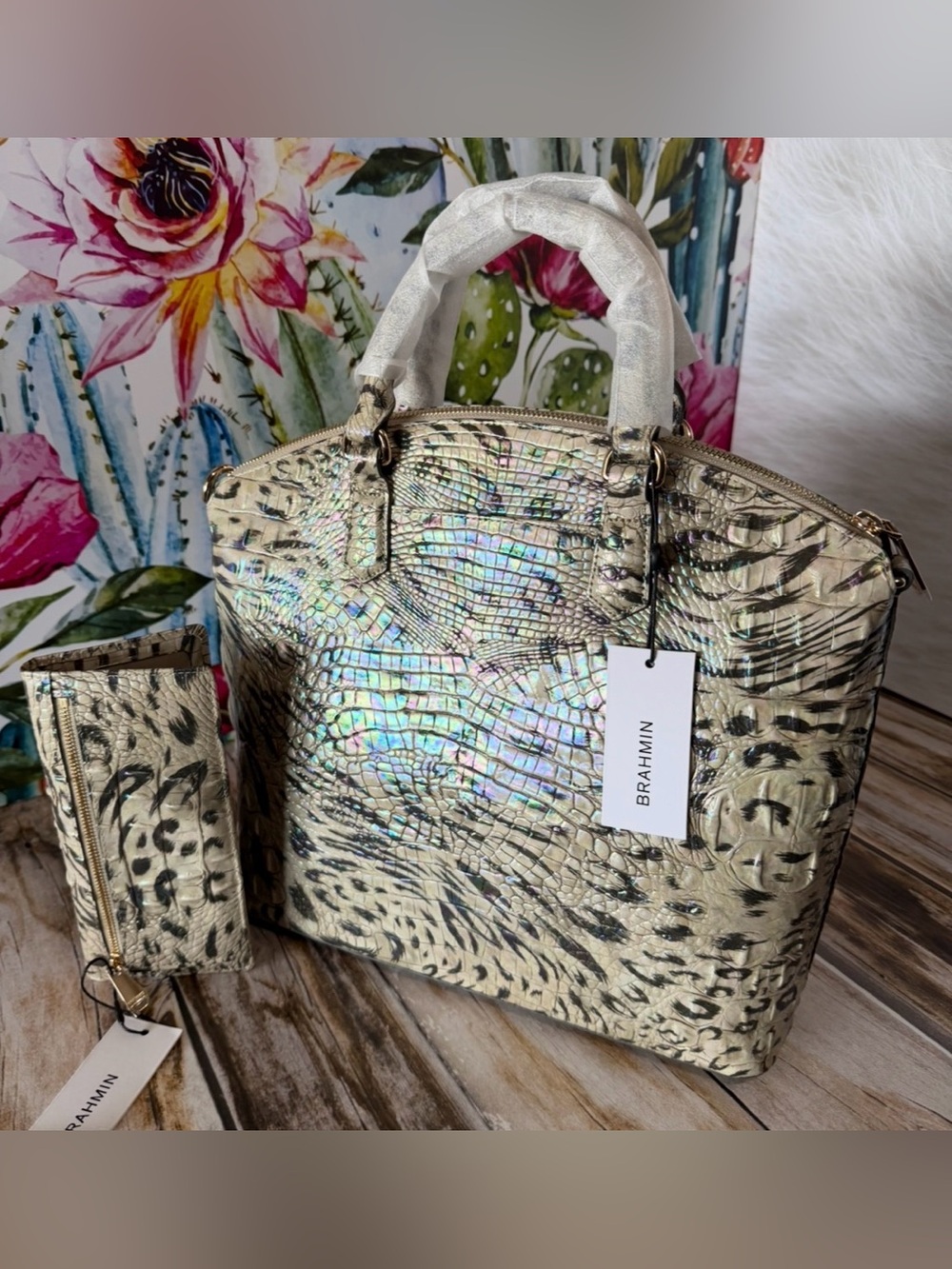 Last 1 NWT BRAHMIN LARGE DUXBURY OBSESSION Animal Print & Wallet Leopard Cheetah - Picture 2 of 16